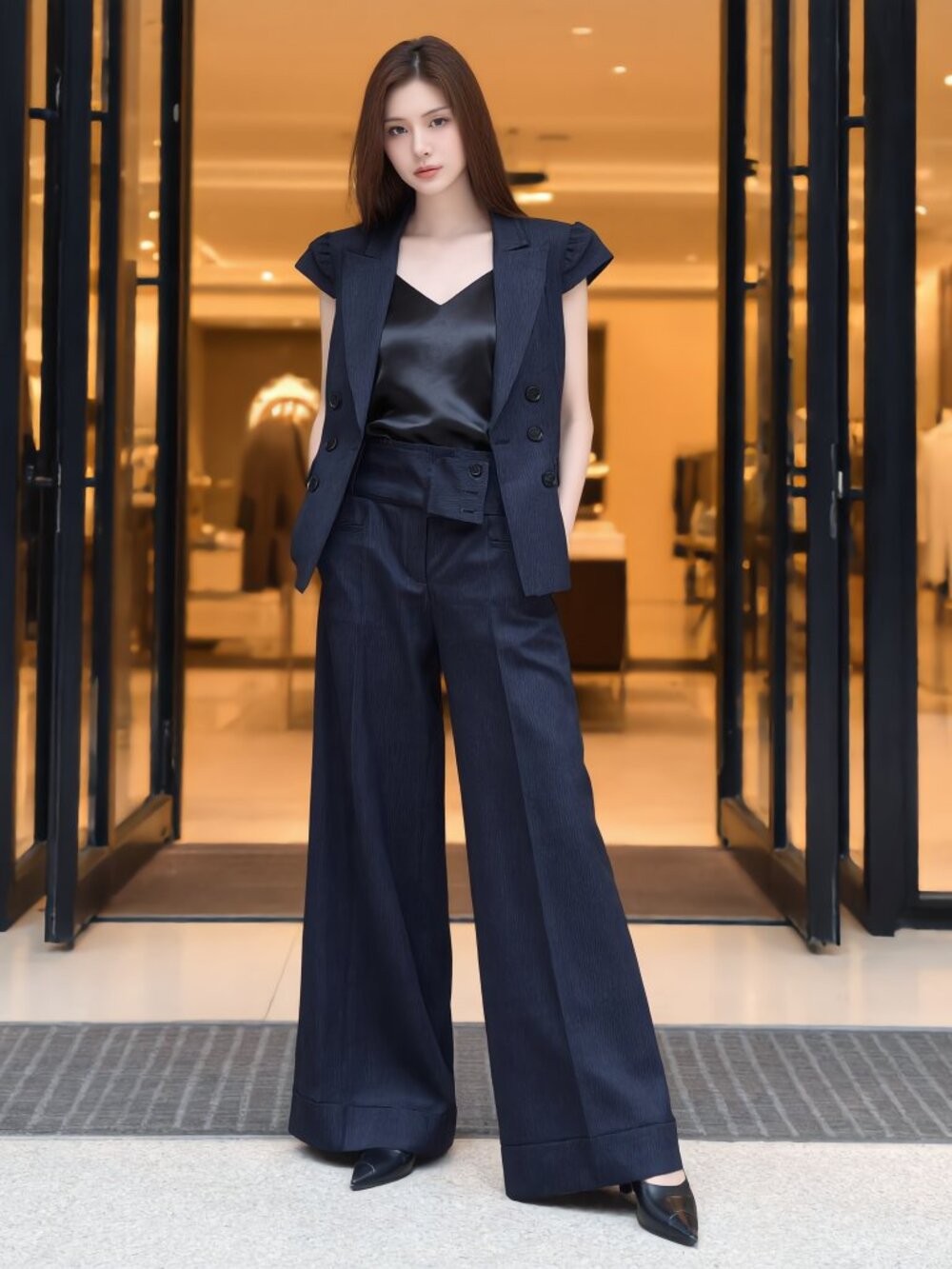 BCBGMaxAzria Navy Pinstripe Cap Sleeve Blazer & Wide Cuffed Trouser Set | XS / 0